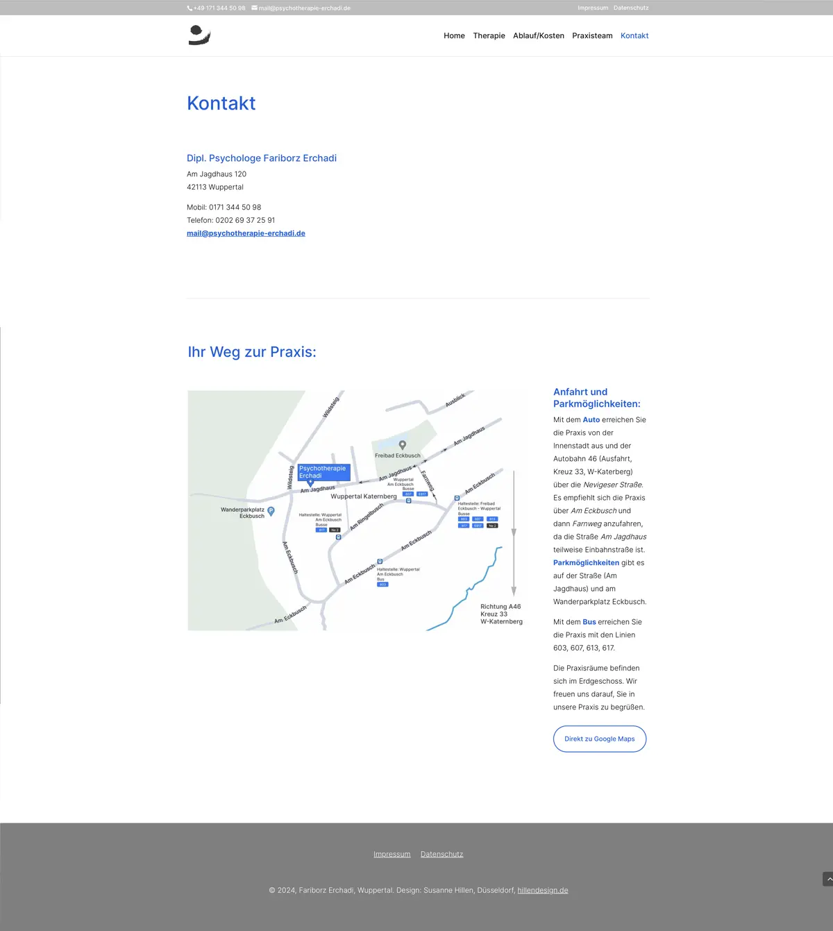 Kontaktseite-Psychotherapeuten-Website Kontaktseite einer Psychotherapie-Praxis in Wuppertal mit Kontaktdaten, Anfahrtsbeschreibung und Karte zur Praxislage