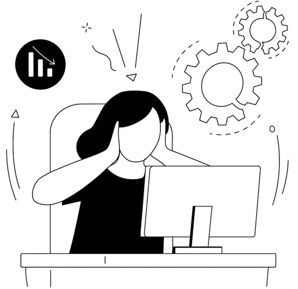 frau-am-pc-besorgt-mobil Person at a desk with a computer, hands on head, conveying work stress and information overload (black-and-white line illustration).