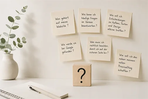webdesign-fuer-therapeuten-fragen-websiteplanung-mobil Haftnotizen mit typischen Fragen zur Planung einer Website für Therapeut:innen, darunter Inhalte, SEO, Design und rechtliche Anforderungen.