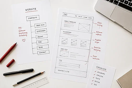 webdesign-fuer-therapeuten-website-konzept Skizzen einer Website-Struktur und Wireframes als Grundlage für ein professionelles Webdesign für Therapeut:innen.