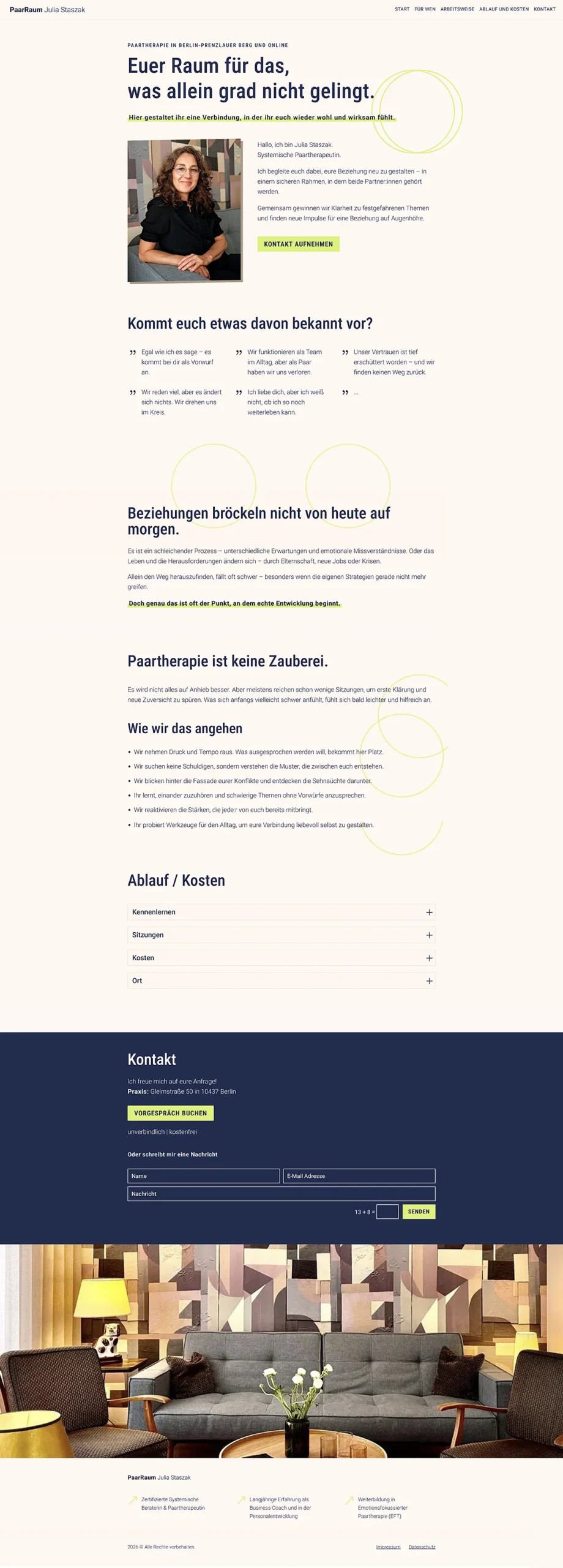 Startseite der Website PaarRaum Berlin für Paartherapie in Berlin-Prenzlauer Berg mit Porträt der Therapeutin, klarer Struktur und Informationen zu Arbeitsweise, Ablauf, Kosten und Kontakt.