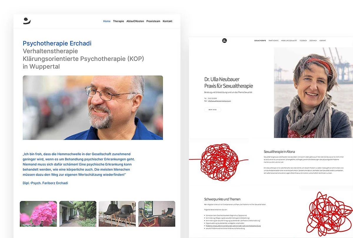 Beispiele zum Erstellen einer Therapeuten-Website: zwei unterschiedlich gestaltete Praxis-Websites mit Porträtfotos, klarer Navigation und persönlicher Bildsprache