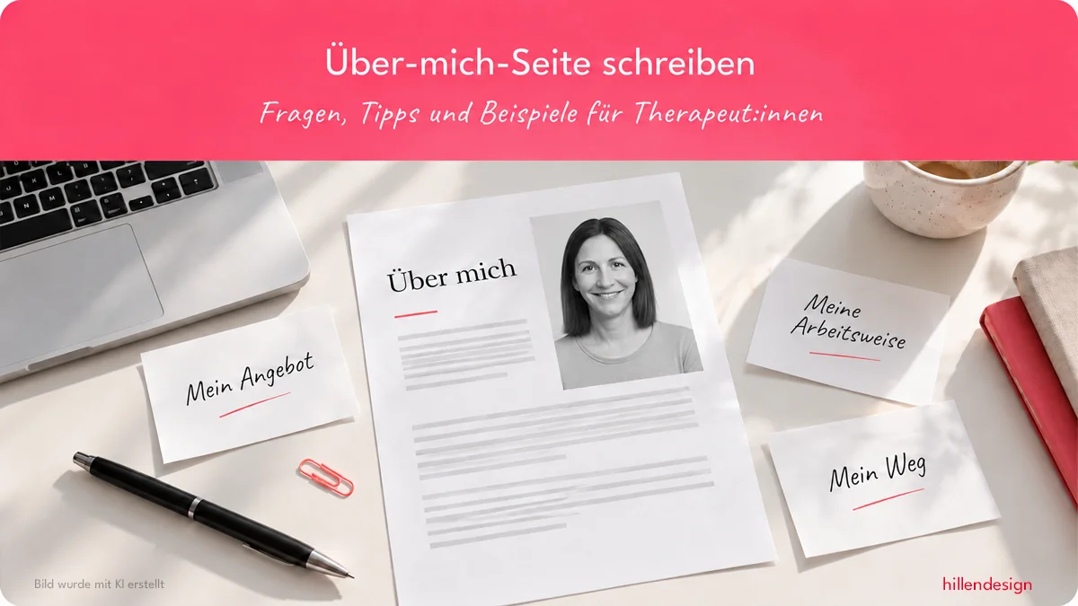 Über-mich-Seite schreiben für Therapeut:innen: Beispielseite mit Porträtfoto und Notizen zu Angebot, Arbeitsweise und beruflichem Werdegang.