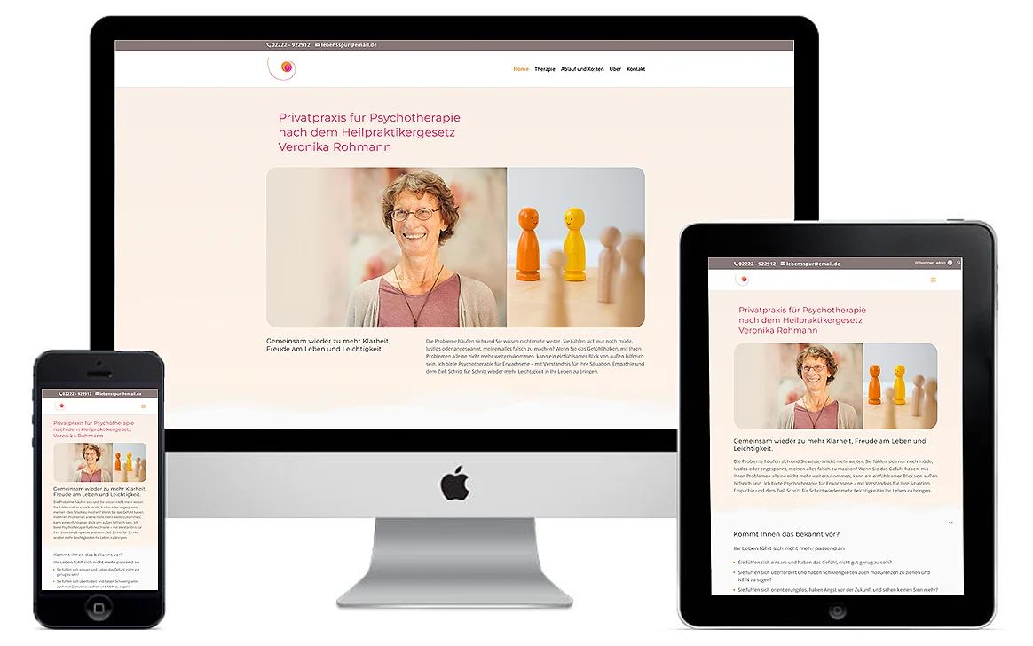 privatpraxis-responsives-webdesign Website der Psychotherapiepraxis lebensspur in Alfter auf Desktop, Tablet und Smartphone mit Porträt von Veronika Rohmann