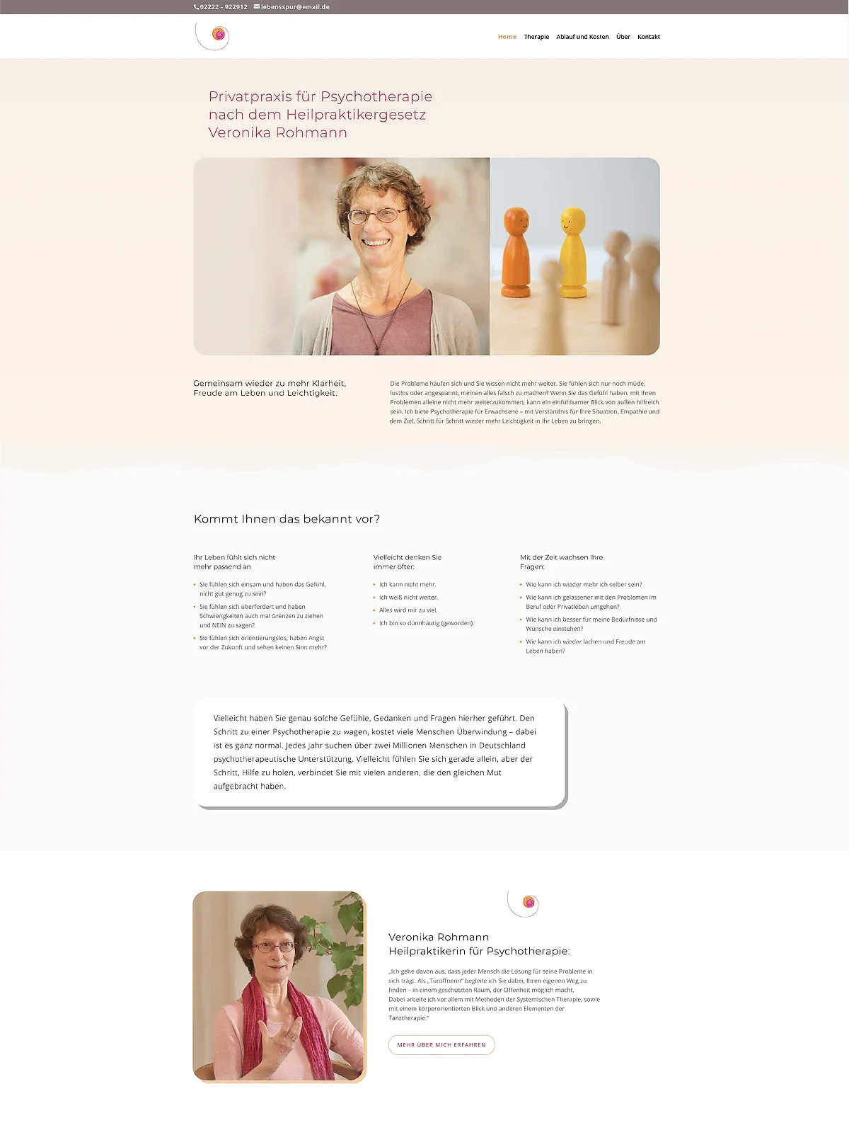 privatpraxis-website-400px Startseite der Privatpraxis für Psychotherapie von Veronika Rohmann mit Porträt, Aufstellungsfiguren und Vorstellung des Angebots.