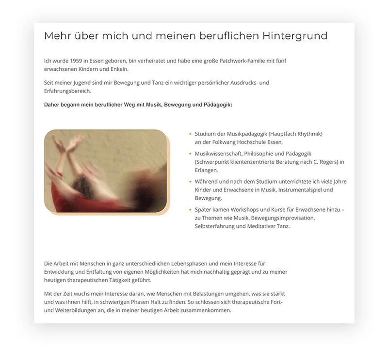 Ausschnitt aus Veronika Rohmanns Über-mich-Seite mit persönlichen Einblicken, ihrem beruflichen Werdegang und einem Tanzfoto.