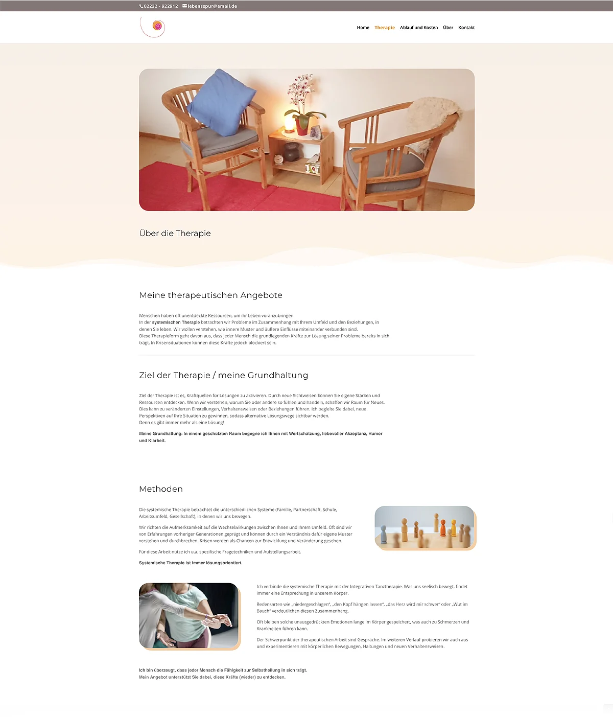 webdesign-privatpraxis-2-400px Therapie-Unterseite der Praxis Lebensspur mit Foto des Therapieraums und Informationen zu systemischer Therapie und integrativer Tanztherapie.
